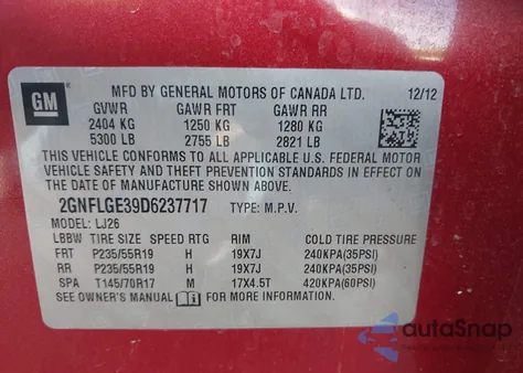 2013 Chevrolet Equinox Ltz z USA, uszkodzony, nr VIN 2GNFLGE39D6237717